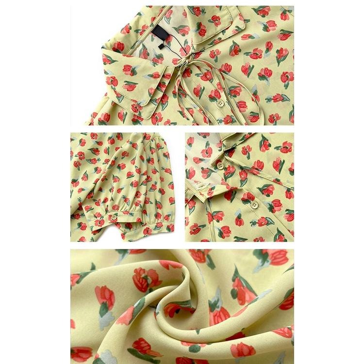 【RENA小舖 台灣現貨每天出】復古玫瑰碎花綁帶翻領短袖雪紡襯衣 半松緊腰A字牛仔半身裙【R20346】-細節圖4