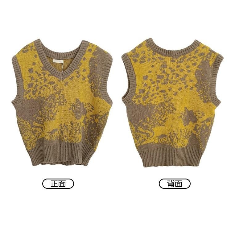 【RENA小舖 台灣現貨每天出】復古V領紮染撞色慵懶風寬鬆百搭顯瘦疊穿短款針織馬甲背心【R20640】-細節圖3