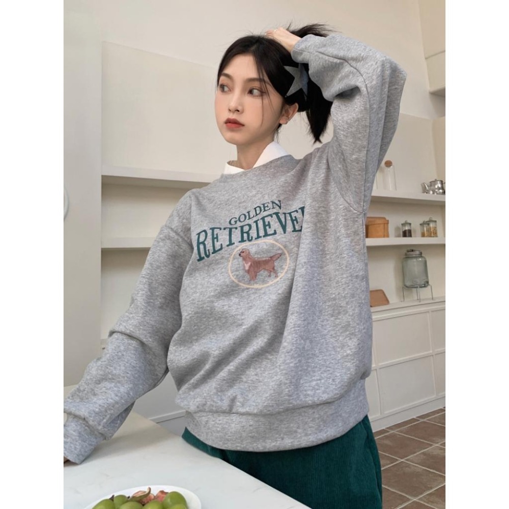 【RENA小舖 台灣現貨每天出】小狗印花大學T 大學T 美式大學T 大學T長袖 印花T恤 長袖T恤【R21661】-細節圖3