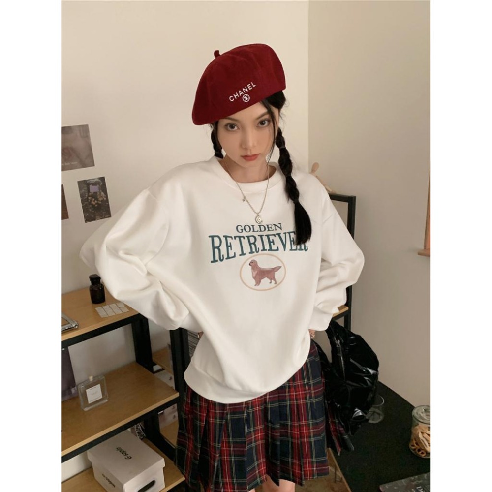 【RENA小舖 台灣現貨每天出】小狗印花大學T 大學T 美式大學T 大學T長袖 印花T恤 長袖T恤【R21661】-細節圖7