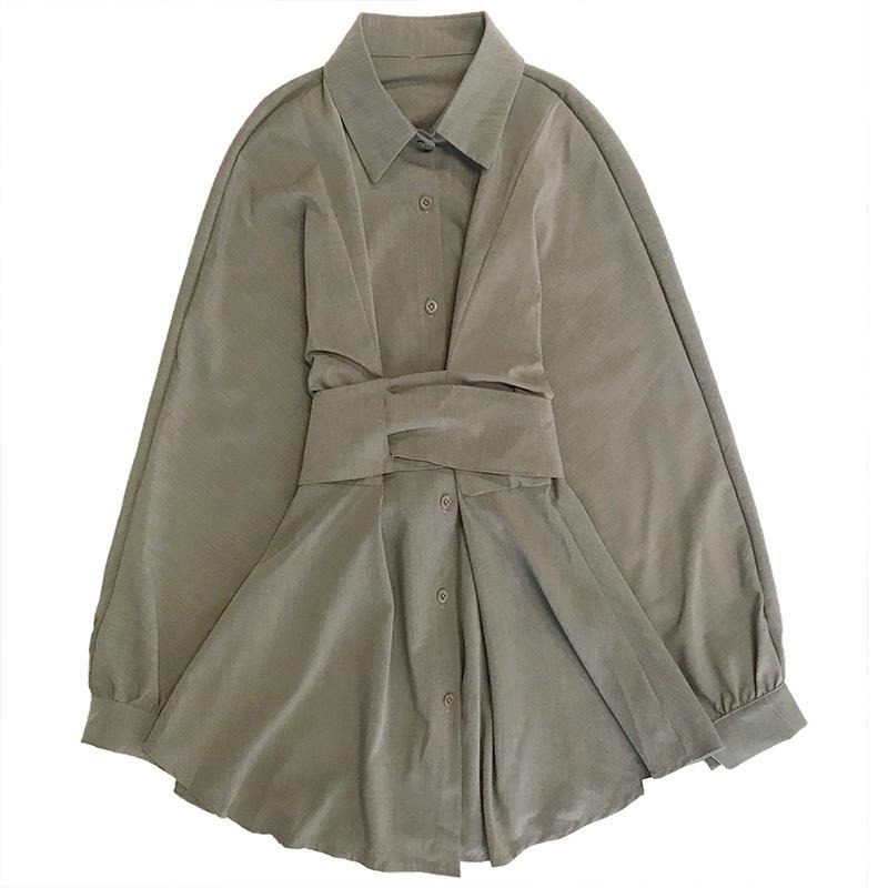 【RENA小舖 台灣現貨每天出】RENA小眾氣質交叉寬腰帶韓系翻領排扣中長款襯衫闊腿短褲套裝【R20584】-細節圖8