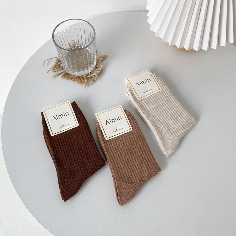 【RENA小舖 台灣現貨每天出】女孩記得暖腳丫🦶｜日系華夫格長襪_華夫格/秋冬/簡約/襪子/長襪【R21090】-細節圖3