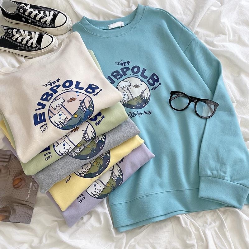 【RENA小舖 台灣現貨每天出】推薦珠地棉 可愛少女感海底船隻印花基礎款寬鬆休閒百搭衛衣【R20552】-細節圖2