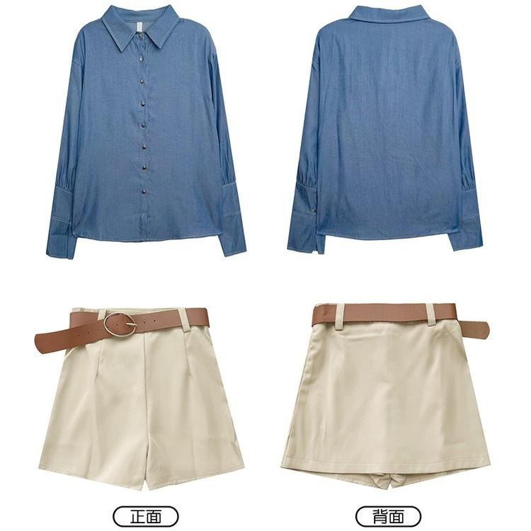 【RENA小舖 台灣現貨每天出】舒適天絲設計感氣質藍色牛仔長袖襯衫+配腰帶半身裙褲套裝【R20783】-細節圖2