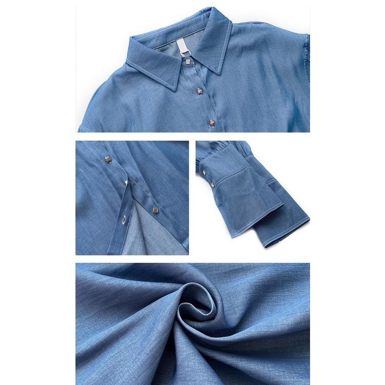 【RENA小舖 台灣現貨每天出】舒適天絲設計感氣質藍色牛仔長袖襯衫+配腰帶半身裙褲套裝【R20783】-細節圖3