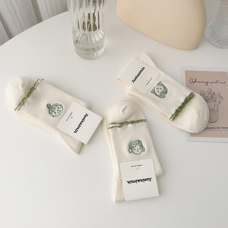 【RENA小舖 台灣現貨每天出】｜蓊蓊原野🍃｜日系卡通中筒襪_百搭/日系/學院風/刺繡/長襪/襪子【R21405】-細節圖3