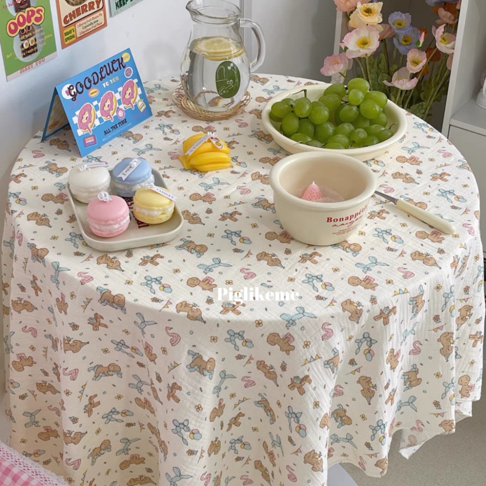 ￼Piglikeme | 可愛派對小狗棉質鎖邊桌布-細節圖3
