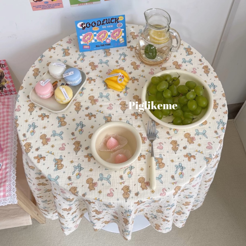 ￼Piglikeme | 可愛派對小狗棉質鎖邊桌布-細節圖4