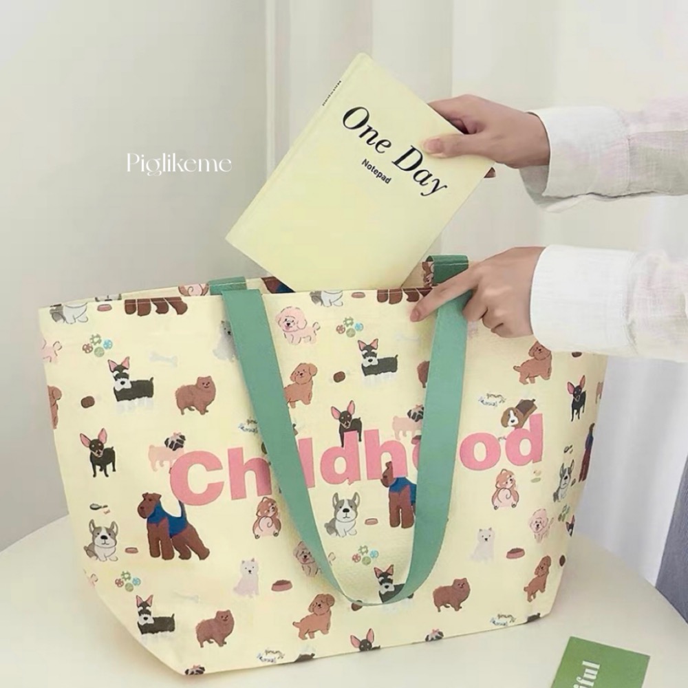 ￼Piglikeme|可愛狗狗插畫🐶編織袋 大容量購物袋 防水環保袋 手提袋-細節圖2