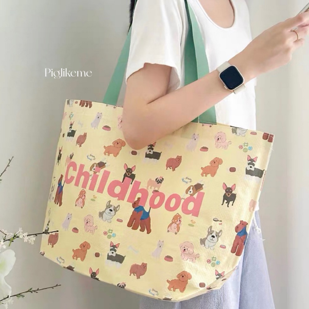 ￼Piglikeme|可愛狗狗插畫🐶編織袋 大容量購物袋 防水環保袋 手提袋-細節圖3