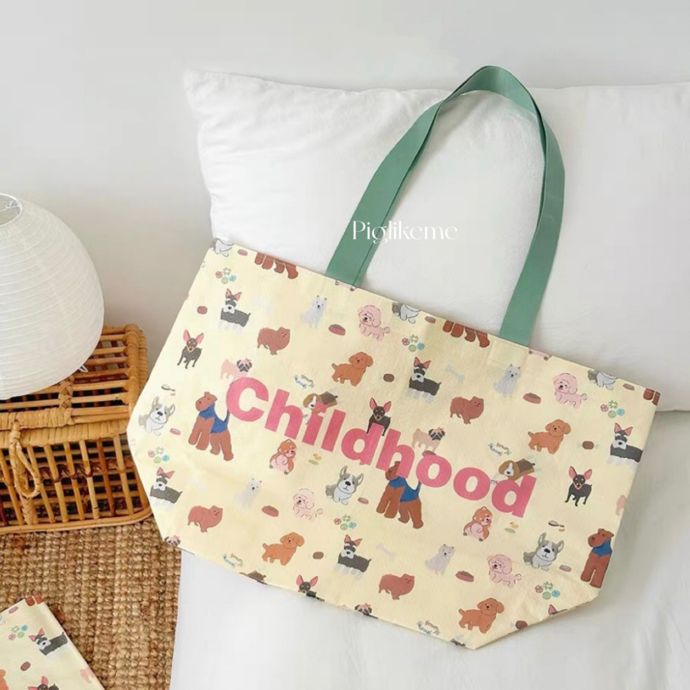 ￼Piglikeme|可愛狗狗插畫🐶編織袋 大容量購物袋 防水環保袋 手提袋-細節圖4