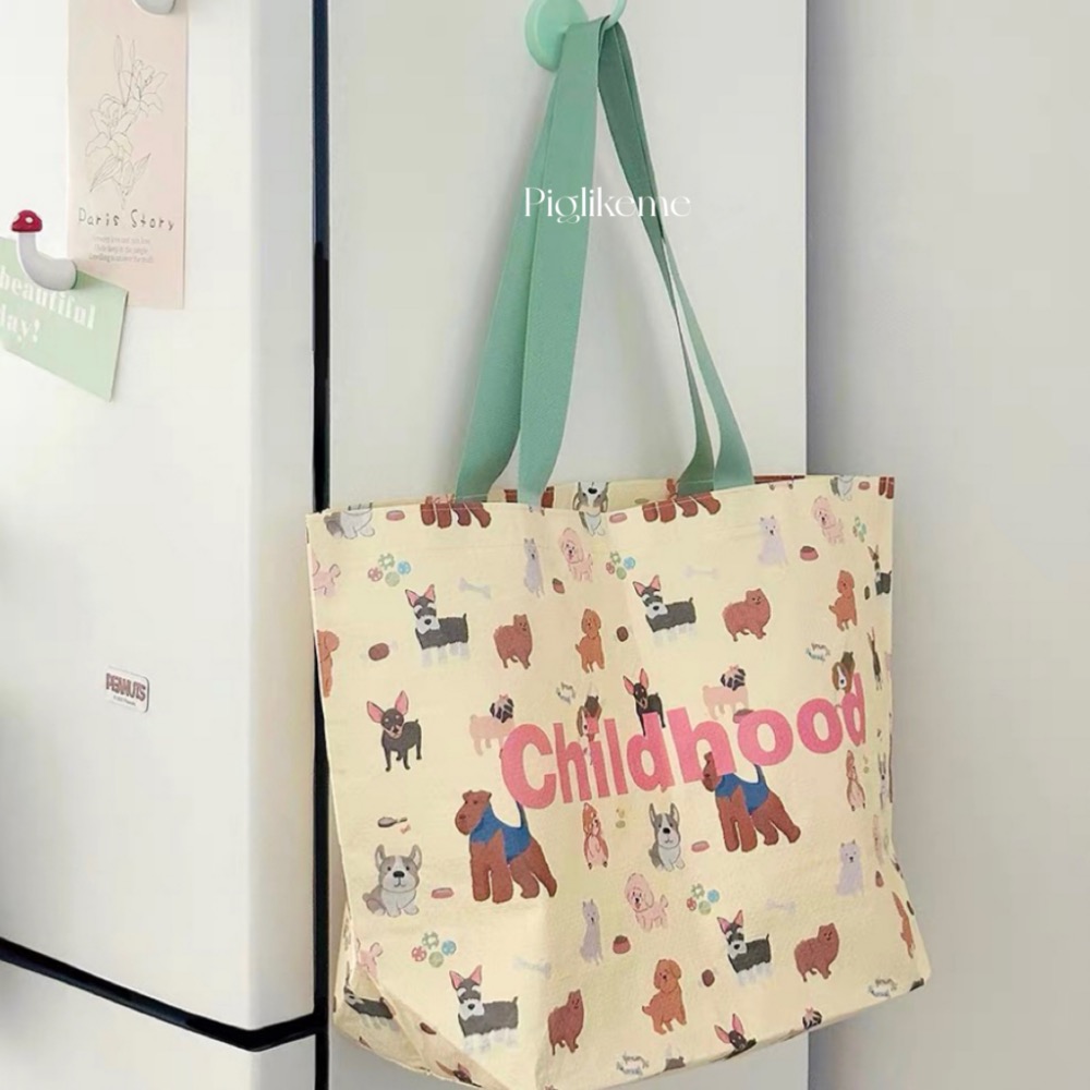 ￼Piglikeme|可愛狗狗插畫🐶編織袋 大容量購物袋 防水環保袋 手提袋-細節圖5