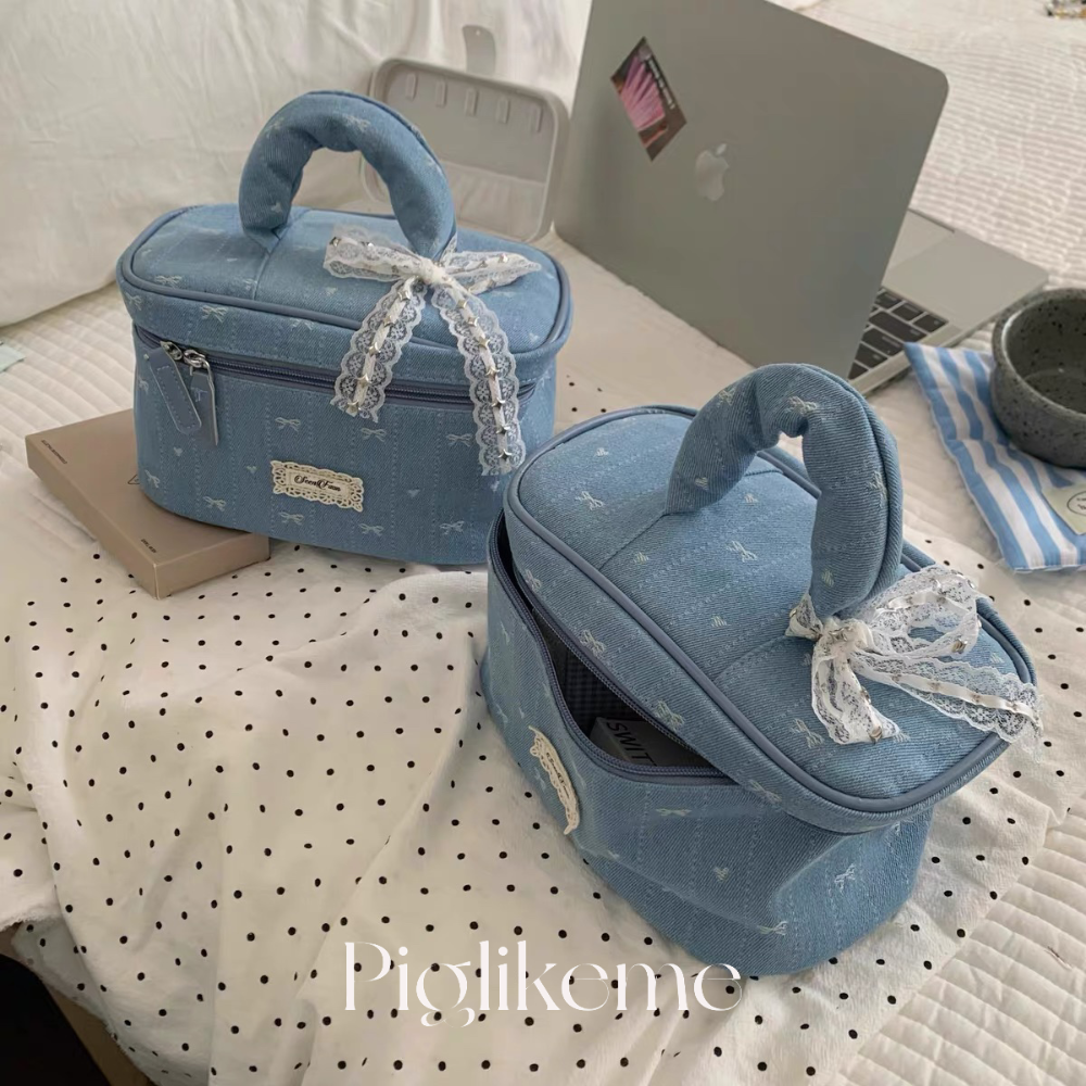 Piglikeme | 法式蕾絲緞帶少女系牛仔布手提化妝包(內層可自由搭配！）化妝品收納包 旅行洗漱包-細節圖2