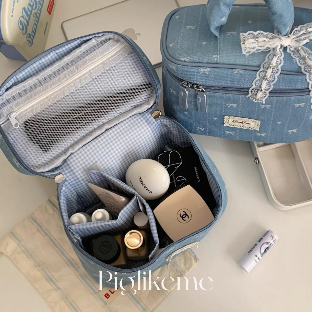 Piglikeme | 法式蕾絲緞帶少女系牛仔布手提化妝包(內層可自由搭配！）化妝品收納包 旅行洗漱包-細節圖3