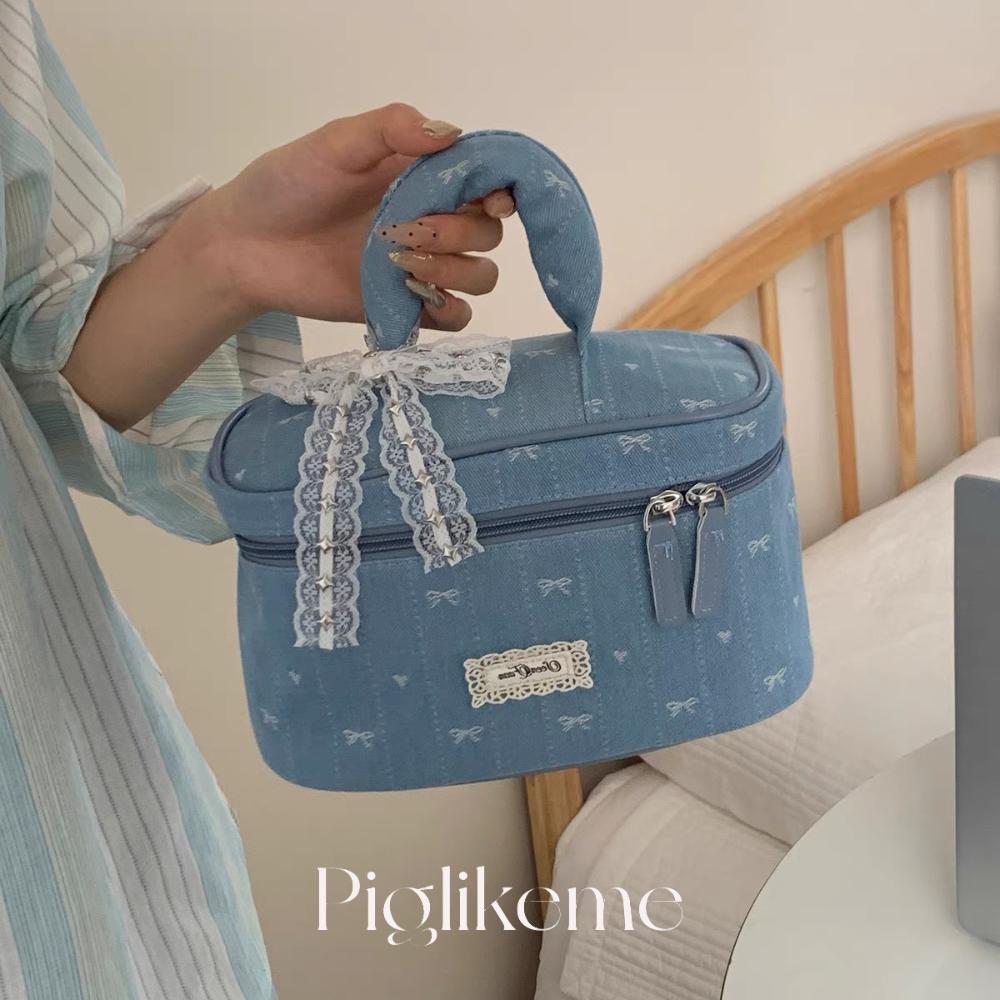 Piglikeme | 法式蕾絲緞帶少女系牛仔布手提化妝包(內層可自由搭配！）化妝品收納包 旅行洗漱包-細節圖4