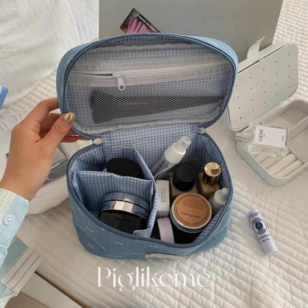 Piglikeme | 法式蕾絲緞帶少女系牛仔布手提化妝包(內層可自由搭配！）化妝品收納包 旅行洗漱包-細節圖5