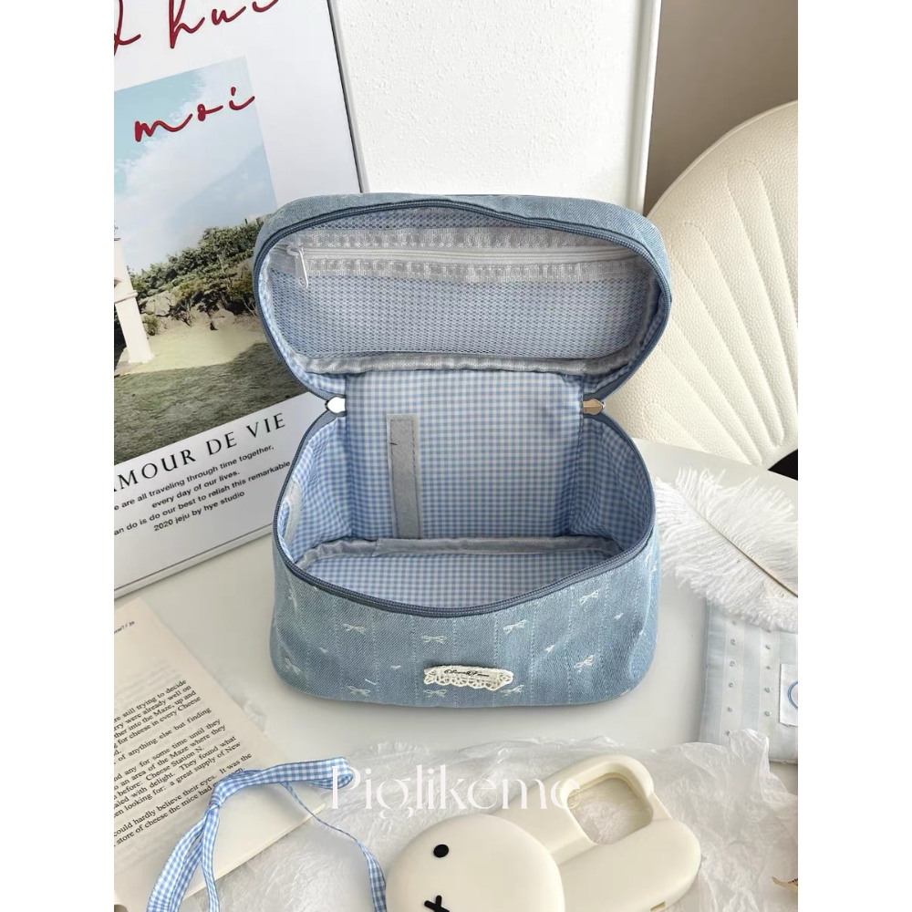 Piglikeme | 法式蕾絲緞帶少女系牛仔布手提化妝包(內層可自由搭配！）化妝品收納包 旅行洗漱包-細節圖7