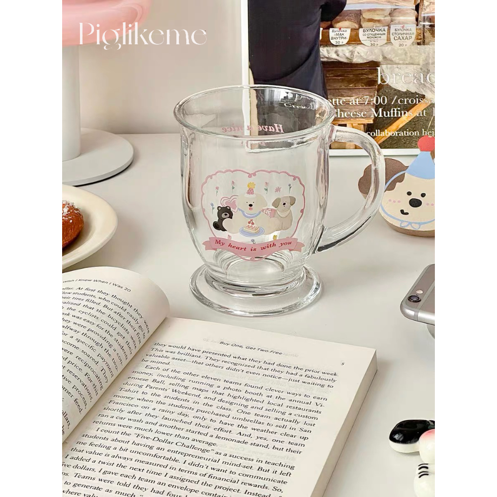 Piglikeme | 狗狗生日派對玻璃杯 可愛小狗插畫馬克杯 牛奶杯 早餐杯 少女風格 可愛 生日禮物-細節圖2