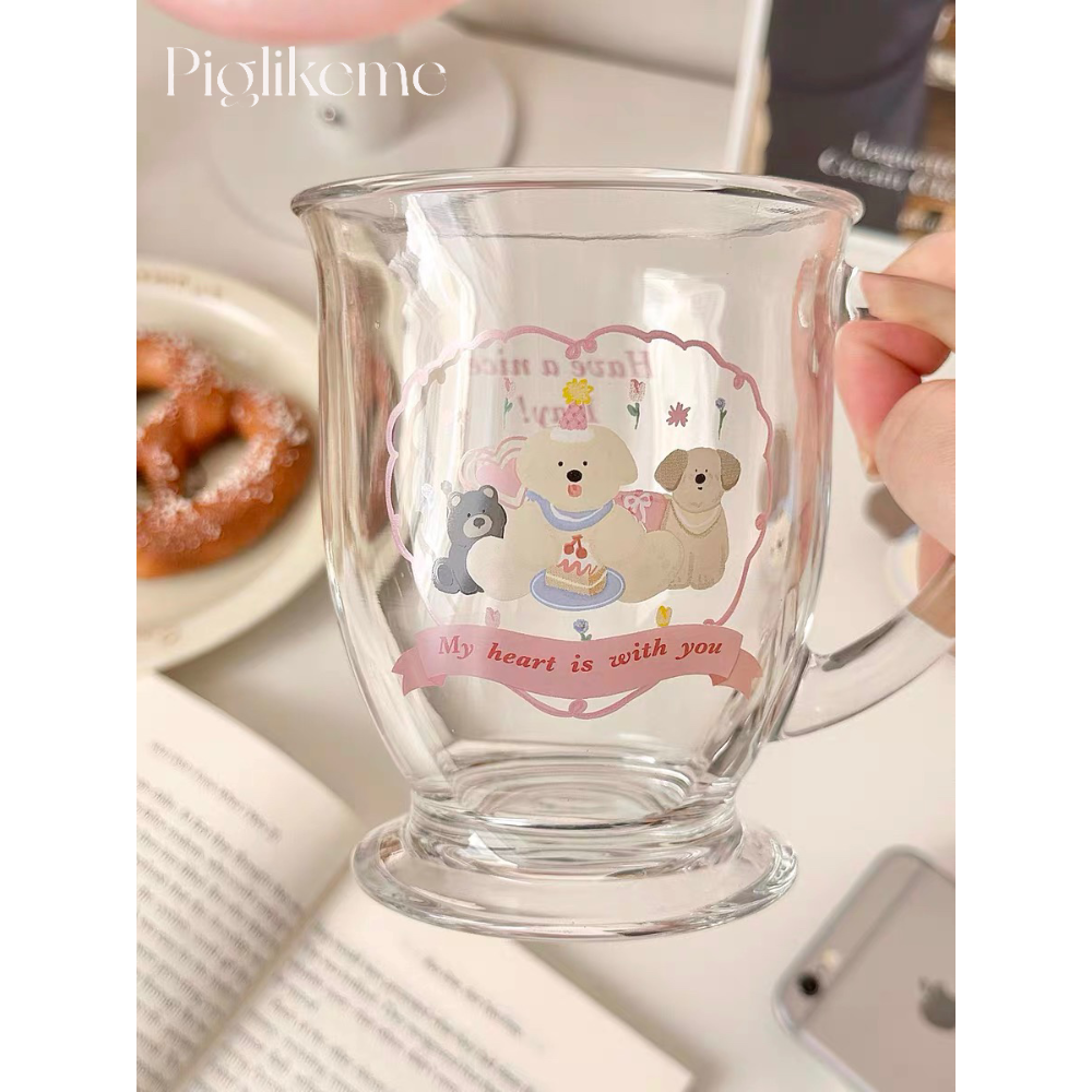 Piglikeme | 狗狗生日派對玻璃杯 可愛小狗插畫馬克杯 牛奶杯 早餐杯 少女風格 可愛 生日禮物-細節圖3