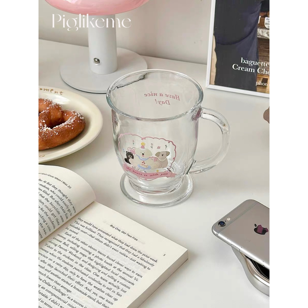 Piglikeme | 狗狗生日派對玻璃杯 可愛小狗插畫馬克杯 牛奶杯 早餐杯 少女風格 可愛 生日禮物-細節圖4