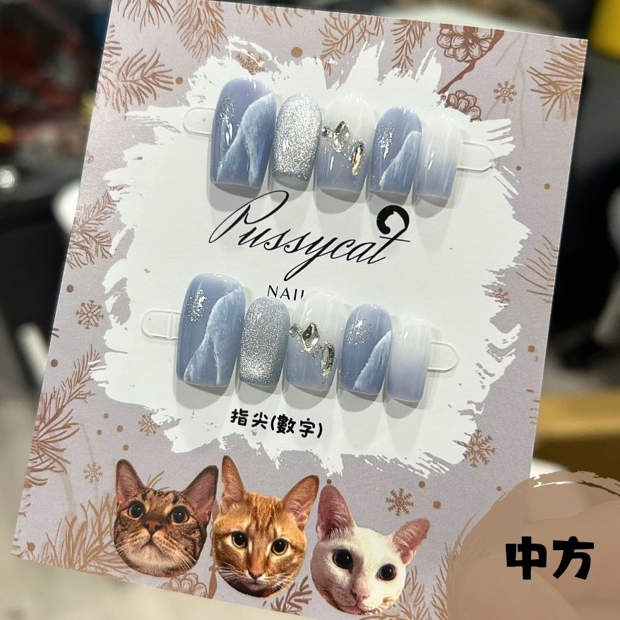 冰透藍暈染貓眼【台灣現貨實拍】純手工美甲片｜手工穿戴甲-規格圖4