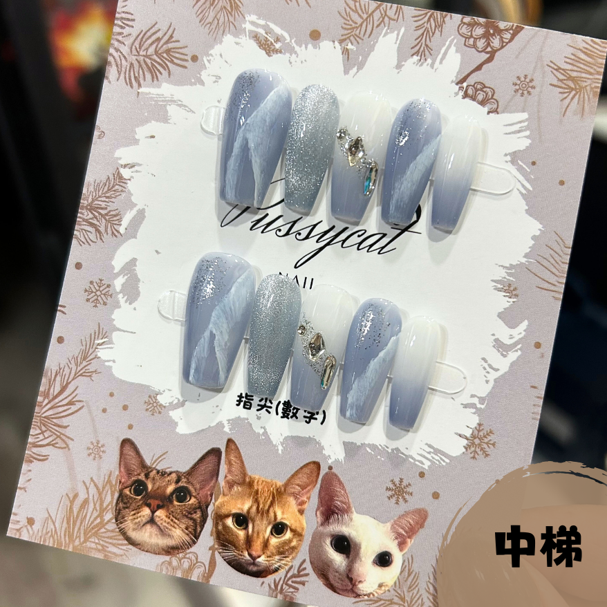 冰透藍暈染貓眼【台灣現貨實拍】純手工美甲片｜手工穿戴甲-規格圖4