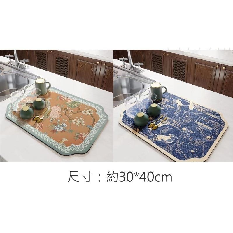 ★臺灣現貨★30x40cm 藍色中國風 珪藻土 隔熱墊 瀝水墊 吸水墊 杯墊 餐墊 水杯墊 軟墊 廚房檯面墊 (588)-細節圖5