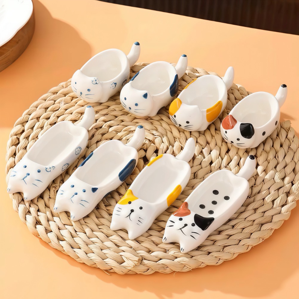 【附發票】🍊三花橘貓黑貓卡通可愛貓咪盤子手繪陶瓷醬料碟 陶瓷餐具 筷架 醬油醋調味碟-細節圖2