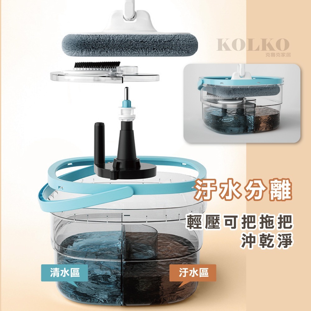 一體分離汙水乾溼拖把 旋轉自動拖把 平面拖把 吸水拖把 髒水分離拖把 懶人平板拖把 地板清潔 免手洗拖把-細節圖6