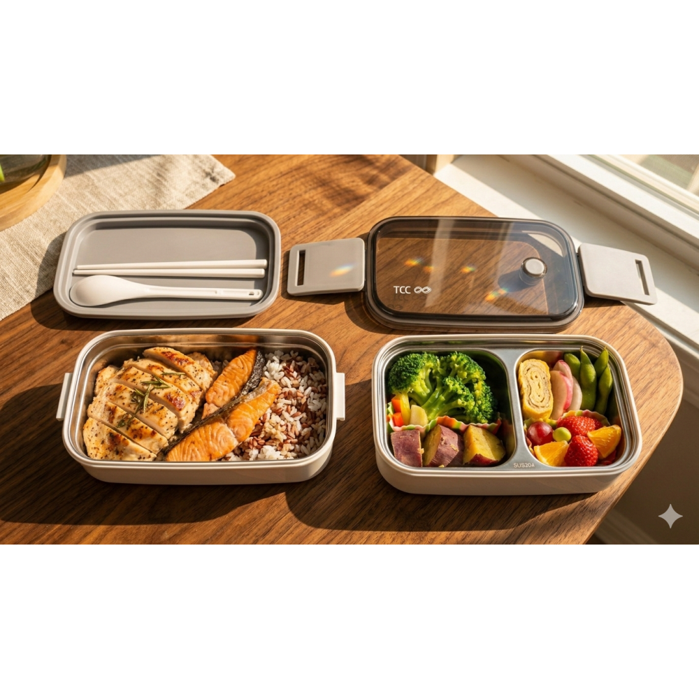 【超質感】YU Living 304不鏽鋼分隔便當盒/雙層餐盒(附餐具)。密封防漏、減脂餐必備。-細節圖2