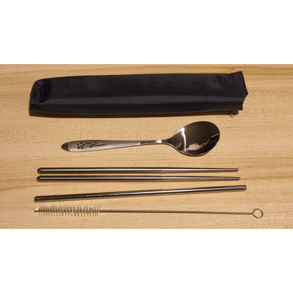 全新品！304不鏽鋼環保餐具五件組（湯匙/筷子/吸管/刷）附收納袋，外食族防疫首選，衛生好清洗-細節圖2
