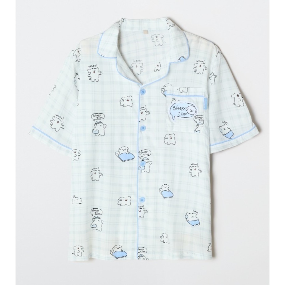 現貨 藍白格 韓國 SPAO 睡衣 短褲 短袖 線條小狗 線條狗 狗狗 小狗 整套-細節圖2