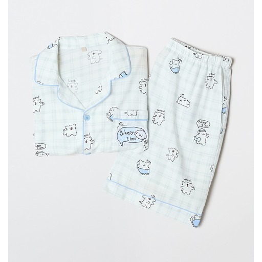 現貨 藍白格 韓國 SPAO 睡衣 短褲 短袖 線條小狗 線條狗 狗狗 小狗 整套-規格圖3