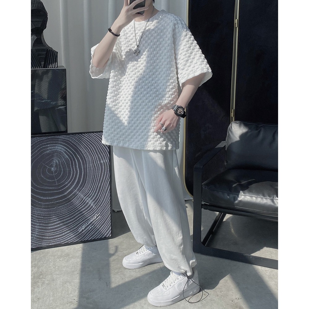 夏季男裝大碼華夫格格子短袖T恤-規格圖1