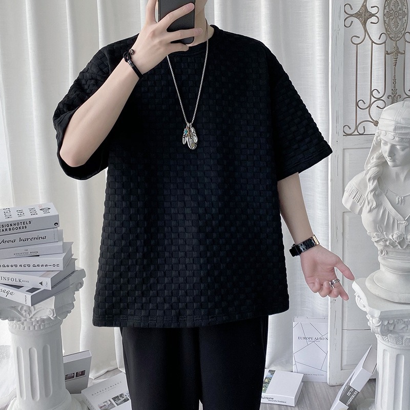 夏季男裝大碼華夫格格子短袖T恤-規格圖1