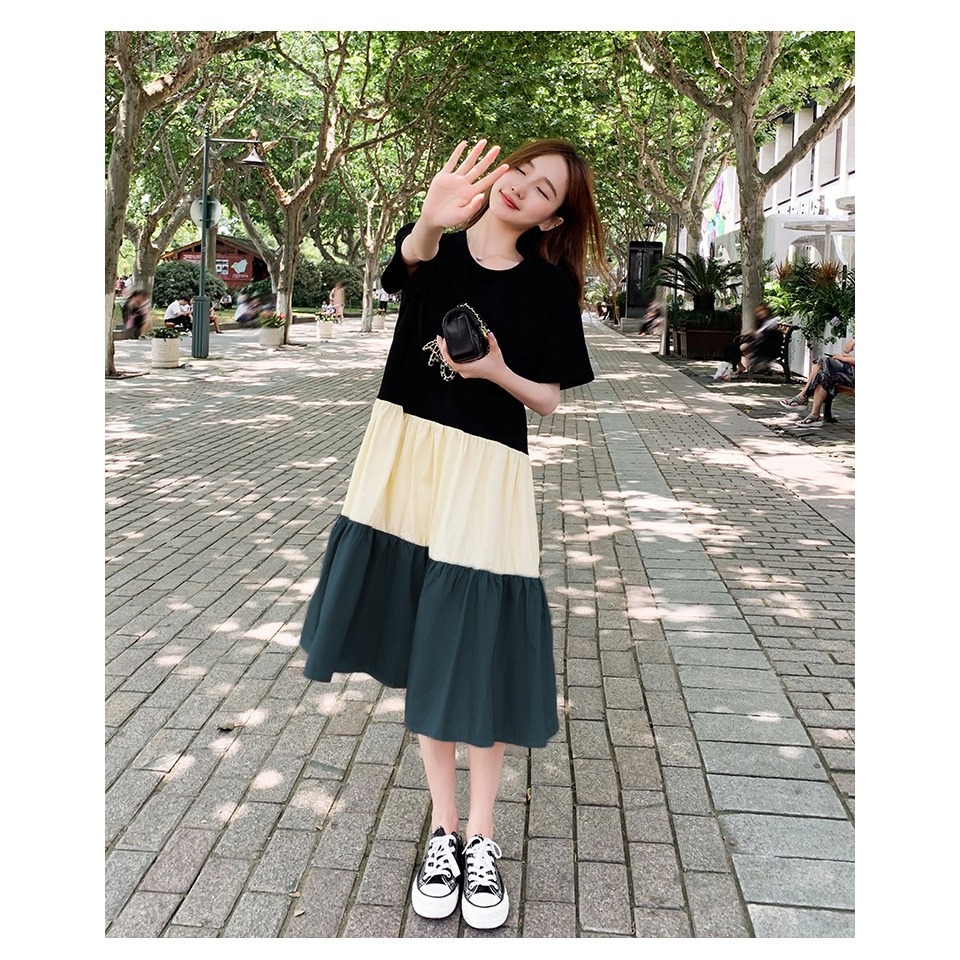 夏季大碼氣質拼色短袖連衣裙-規格圖1