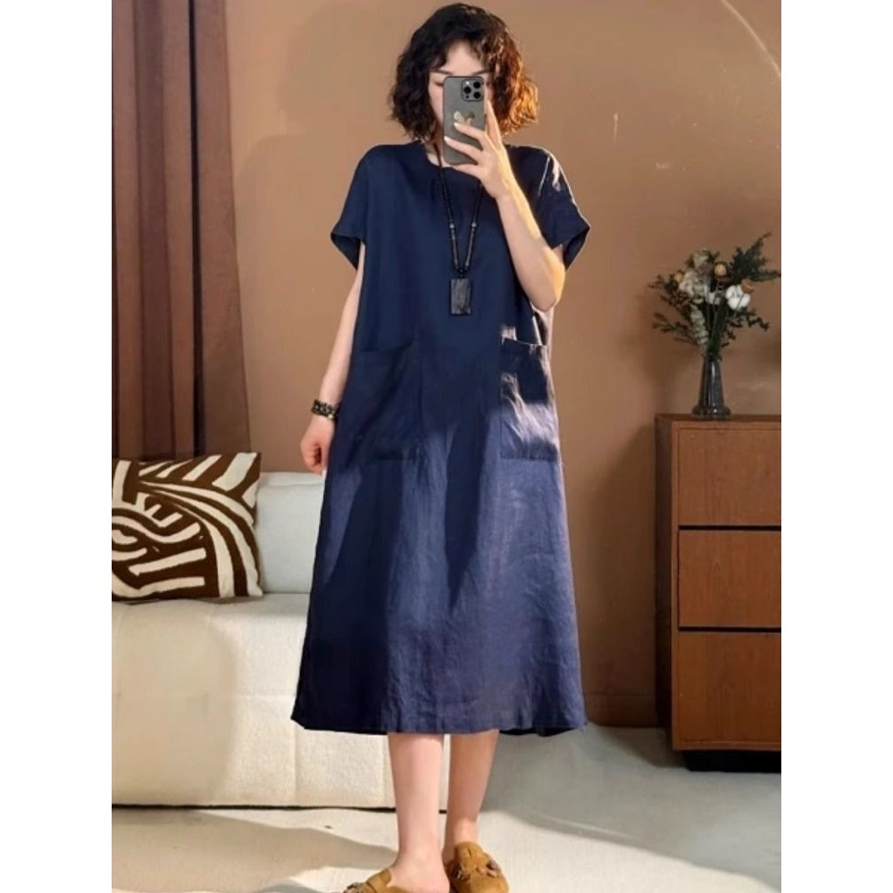胖MM大碼棉麻圓領短袖連衣裙-規格圖1
