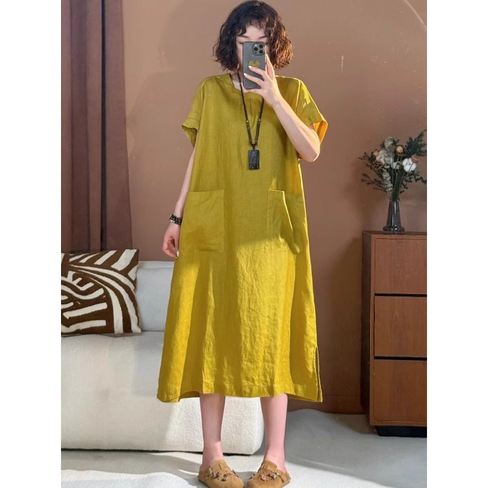 胖MM大碼棉麻圓領短袖連衣裙-規格圖1