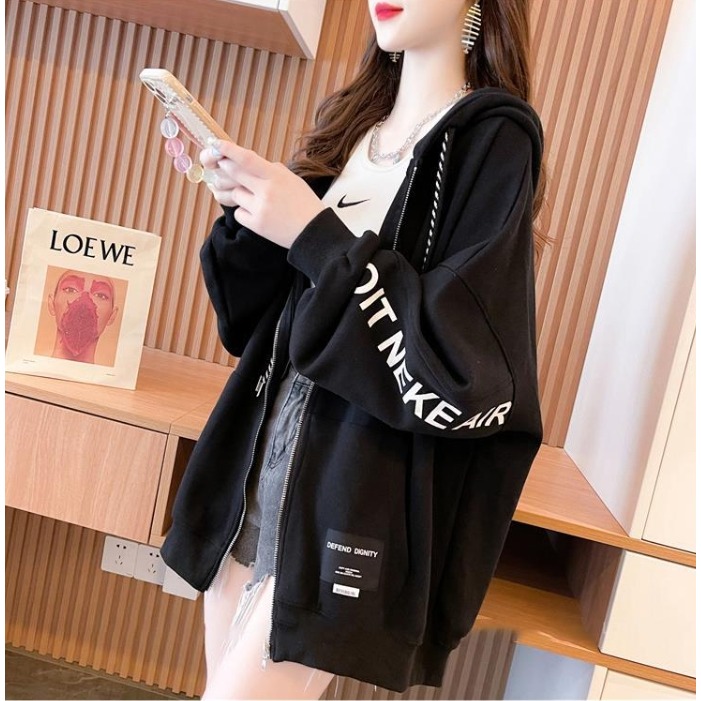 秋冬大碼字母印花拉錬連帽外套-規格圖1
