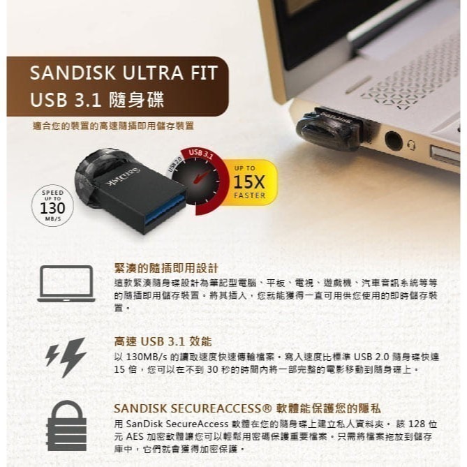 SanDisk CZ430 隨身碟 16G 32G 64G 128G  256G Ultra Fit  USB3.1-細節圖3