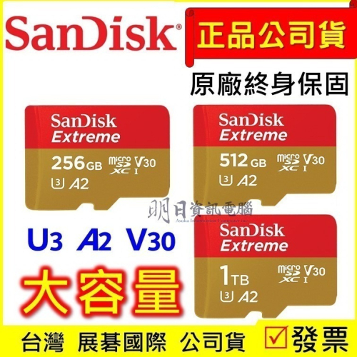 附發票 SanDisk Extreme 256G 512G 1TB 記憶卡 A2 U3 V30 microSD 金卡