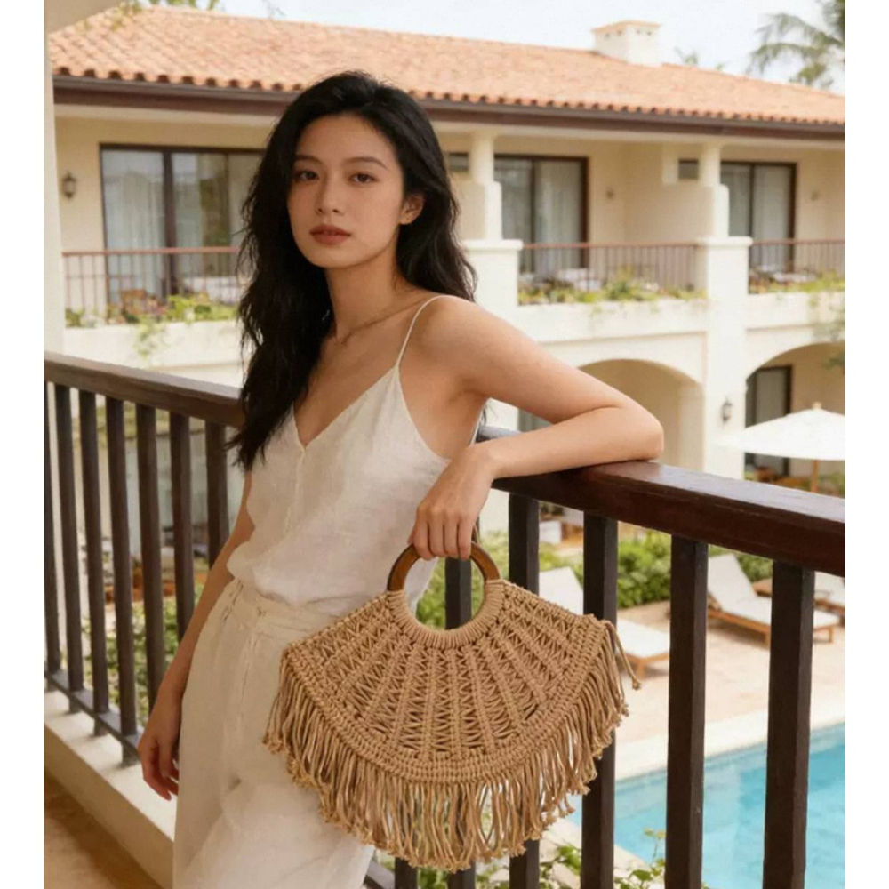 現貨現出 2026夏季新款手工棉繩編織包 流蘇包 chill渡假風 逛街 網美拍照-細節圖3