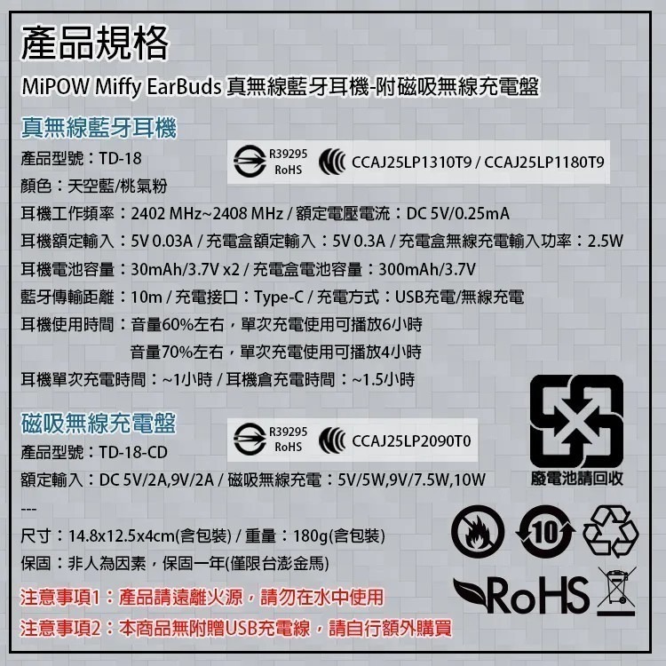 【MIPOWｘMiffy】米菲兔 真無線藍牙耳機 附磁吸無線充電盤 TD-18-細節圖4
