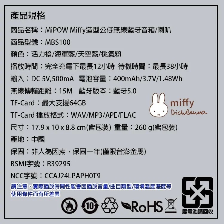 【MIPOWｘMiffy】米菲兔 造型公仔無線藍牙音箱/喇叭 MBS100-細節圖3