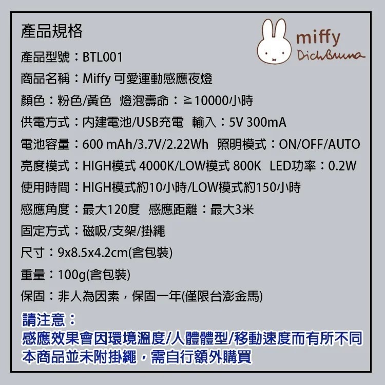 【MIPOWｘMiffy】米菲兔 紅外線智能運動感應小夜燈 BTL001-細節圖5
