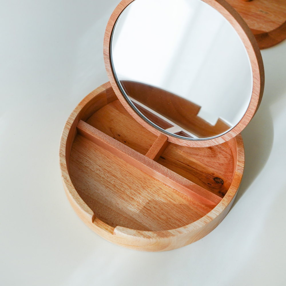 【日本CREER】NEIN MARKE/桃花心木圓形鏡盒/化妝鏡/飾品收納/實木/擺攤/市集道具-細節圖6