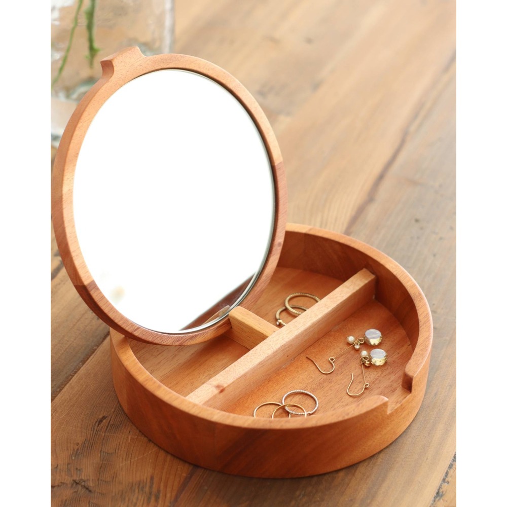 【日本CREER】NEIN MARKE/桃花心木圓形鏡盒/化妝鏡/飾品收納/實木/擺攤/市集道具-細節圖7