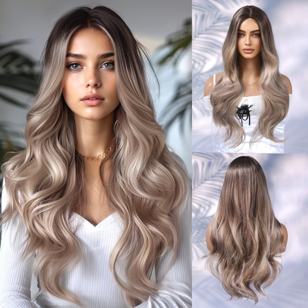 《吉鷥》中分 灰棕金大波浪 60cm