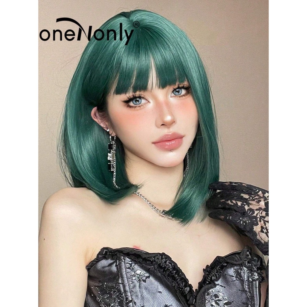 【現貨1】薄荷湖水 綠草綠 墨綠色 翠綠 森林綠 翡翠綠 綠色系列假髮💚捲髮假髮 直髮 短髮 前額蕾絲挑染假髮碧綠色-規格圖1