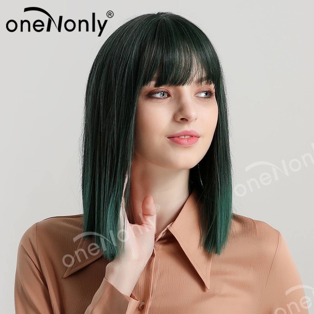 【現貨1】薄荷湖水 綠草綠 墨綠色 翠綠 森林綠 翡翠綠 綠色系列假髮💚捲髮假髮 直髮 短髮 前額蕾絲挑染假髮碧綠色-規格圖1